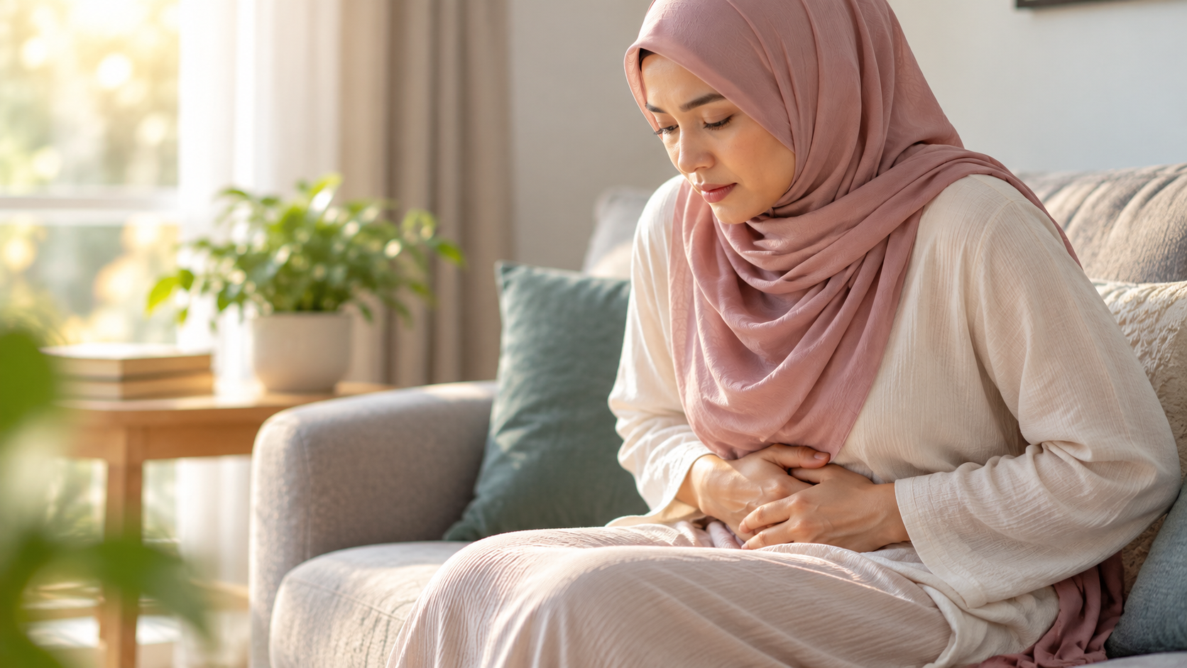 A woman wearing a pink hijab sitting on a sofa with her hands resting on her abdomen.