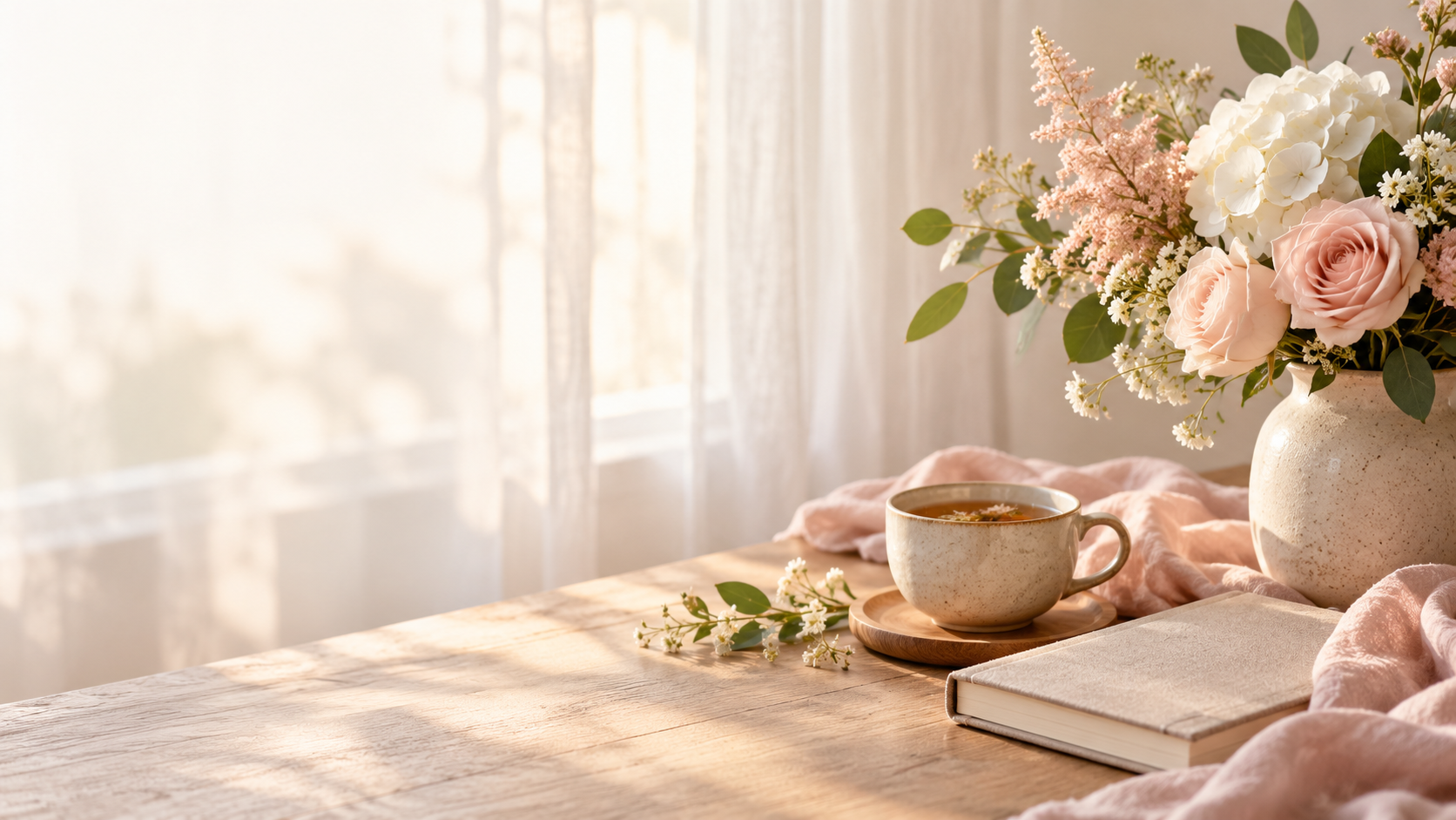 A ceramic cup of herbal tea, a bouquet of soft pink and white flowers, and a closed book on a wooden table in warm natural sunlight.