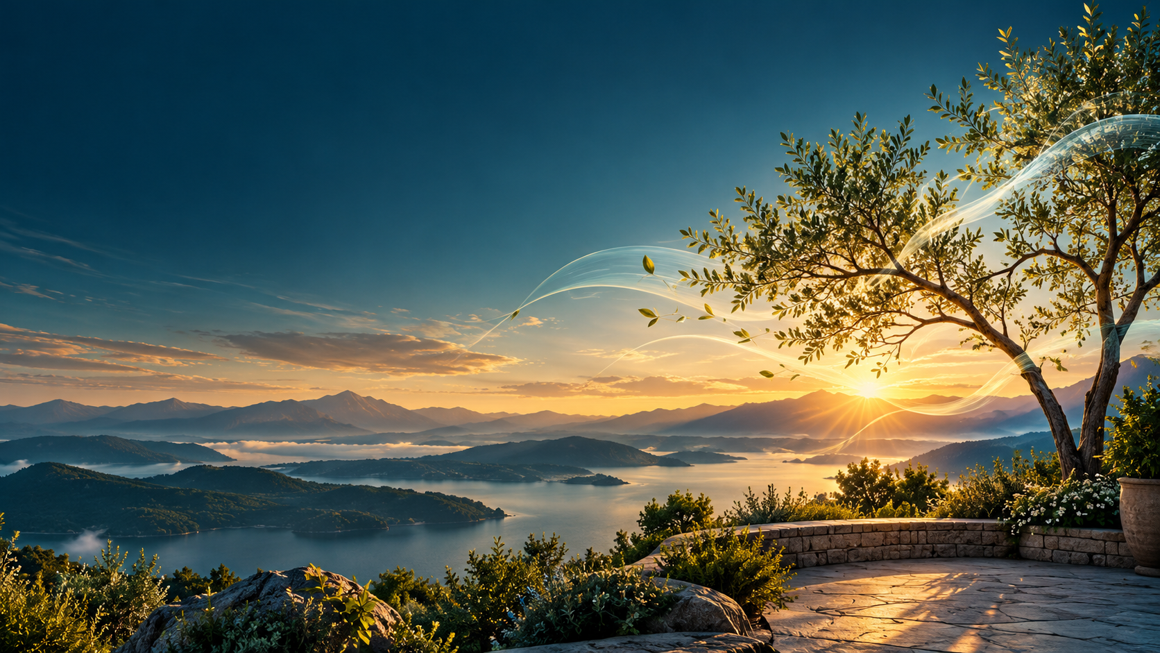 A golden river winding through a lush green valley at sunrise, with glowing interconnected pathways symbolizing whole-person health, resilience, and compassionate colorectal cancer care.