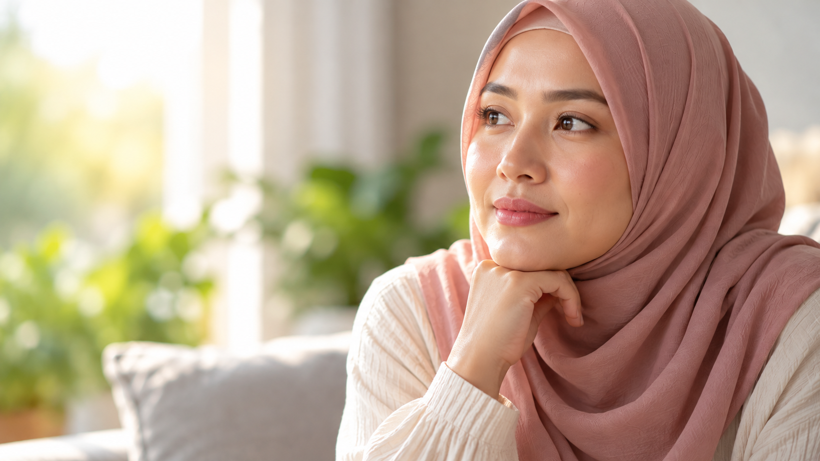 A woman wearing a soft pink hijab resting her chin on her hand in a peaceful, naturally lit room.