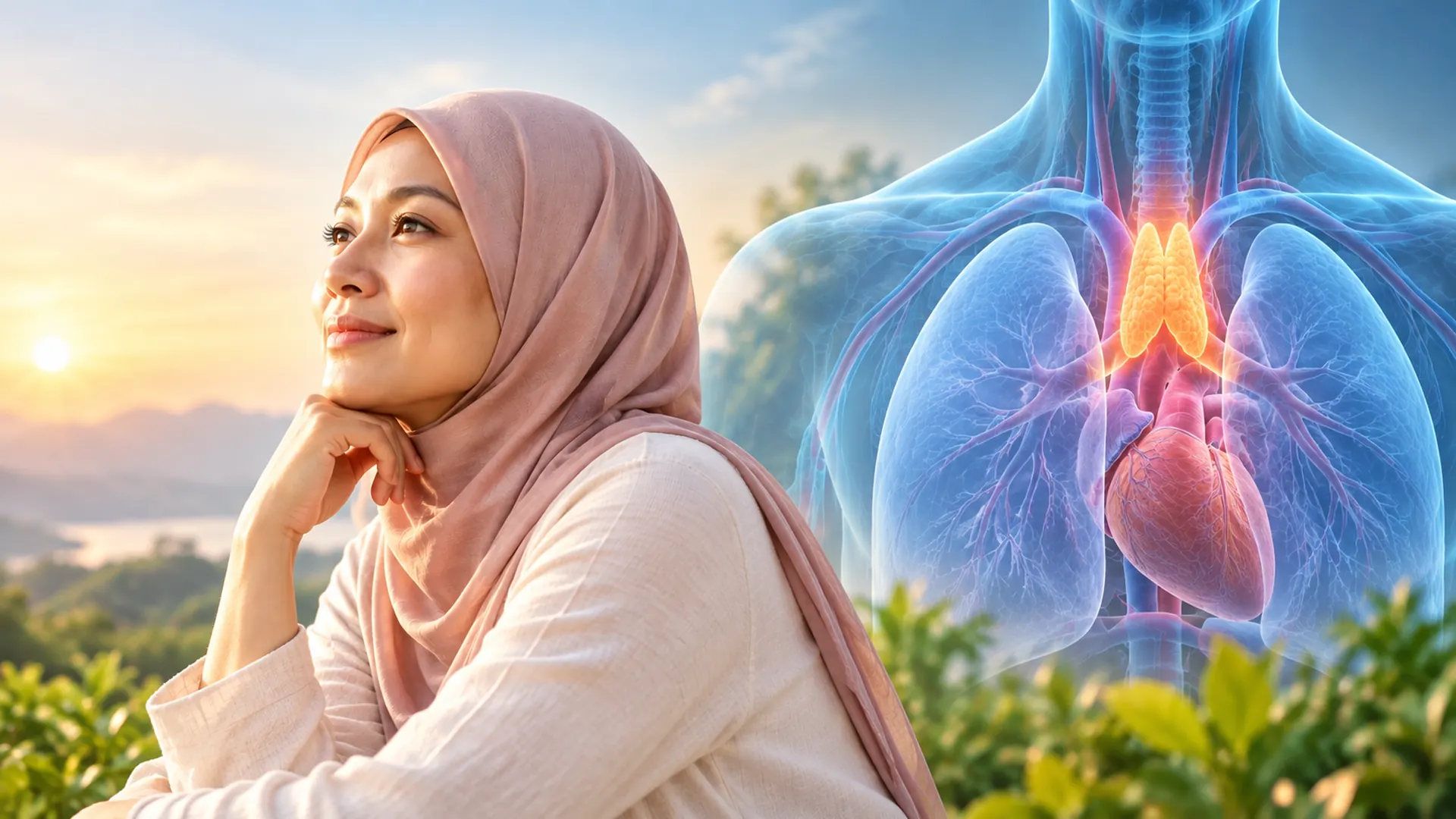 A woman in a pink hijab beside a translucent anatomical illustration of the chest, with a highlighted gland between the lungs. Copy