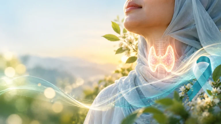 A woman wearing a light blue hijab with a glowing thyroid illustration and teal awareness ribbon, symbolizing thyroid cancer awareness, hope, and whole-person care.
