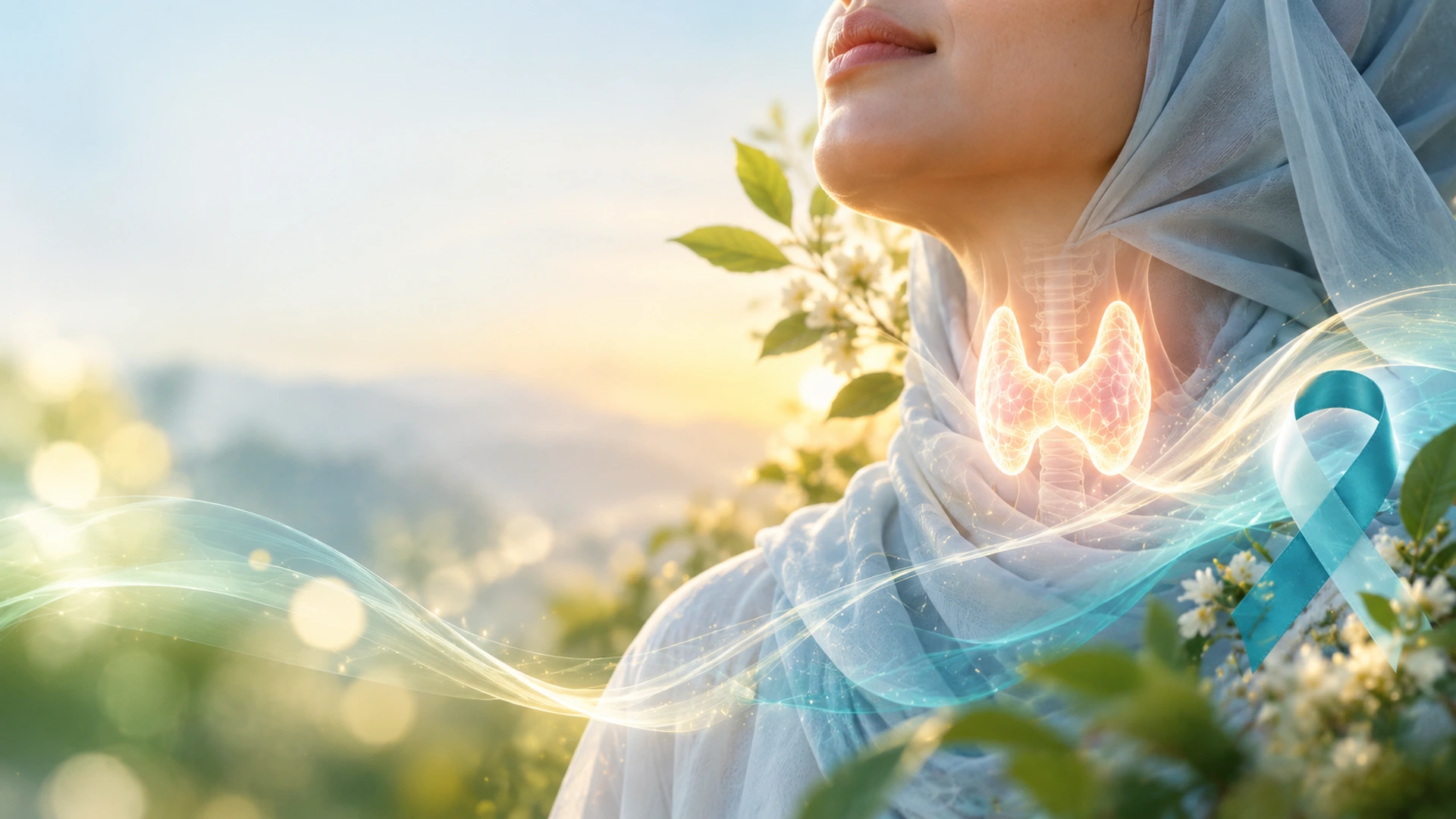 A woman wearing a light blue hijab with a glowing thyroid illustration and teal awareness ribbon, symbolizing thyroid cancer awareness, hope, and whole-person care.