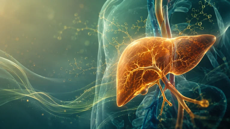 A glowing golden illustration of the human liver surrounded by molecular networks and flowing light on a teal background, representing liver cancer awareness, liver health, and the complexity of interconnected body systems.