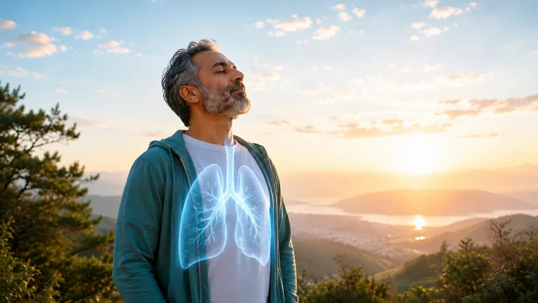 A middle-aged man breathing peacefully outdoors at sunrise, with a glowing illustration of the lungs symbolizing lung cancer awareness, respiratory health, hope, and whole-person care.