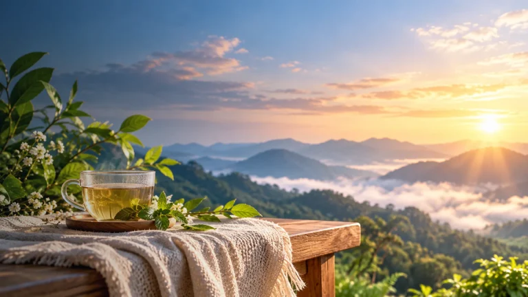 A glass cup of herbal tea surrounded by green leaves and small white flowers, overlooking misty mountains at sunrise.