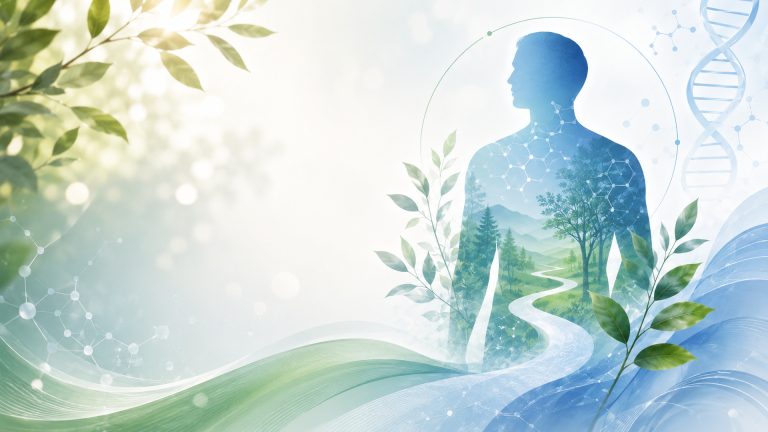 Abstract silhouette of a man surrounded by nature, DNA strands, and interconnected pathways, symbolizing prostate cancer awareness, resilience, and a whole-person approach to health and wellbeing.
