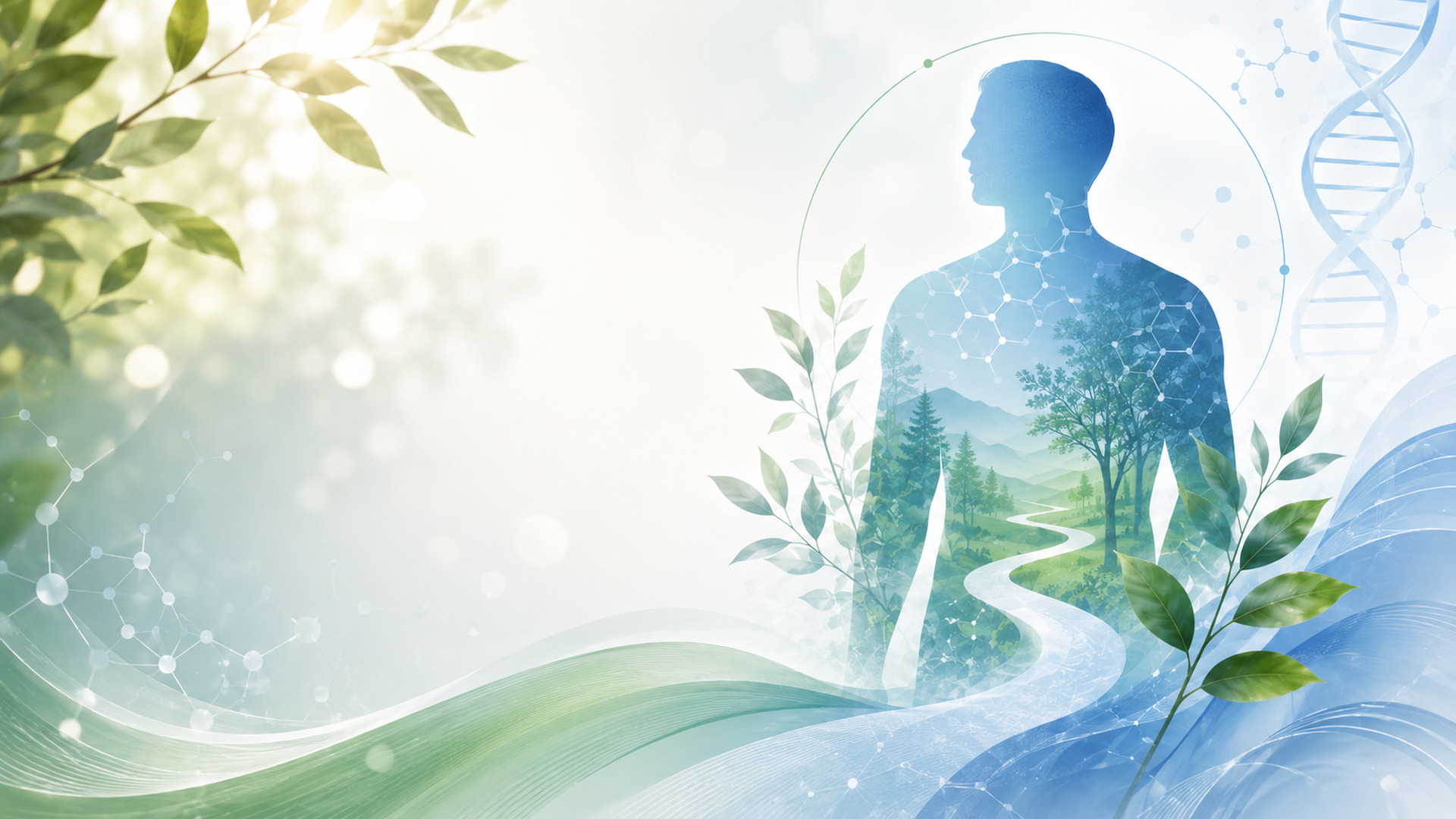 Abstract silhouette of a man surrounded by nature, DNA strands, and interconnected pathways, symbolizing prostate cancer awareness, resilience, and a whole-person approach to health and wellbeing.