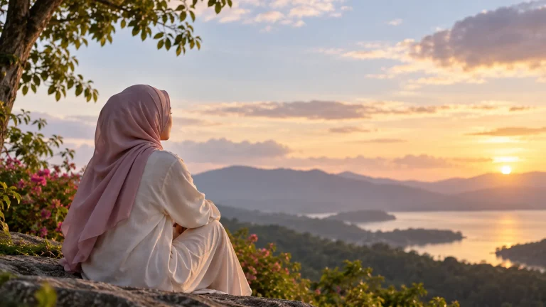 A woman in a mauve hijab sitting peacefully outdoors overlooking a lake and mountains at sunset.